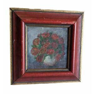 Vintage Miniature oil painting red Gold Wood Frame Flowers Vase Art 6” Original